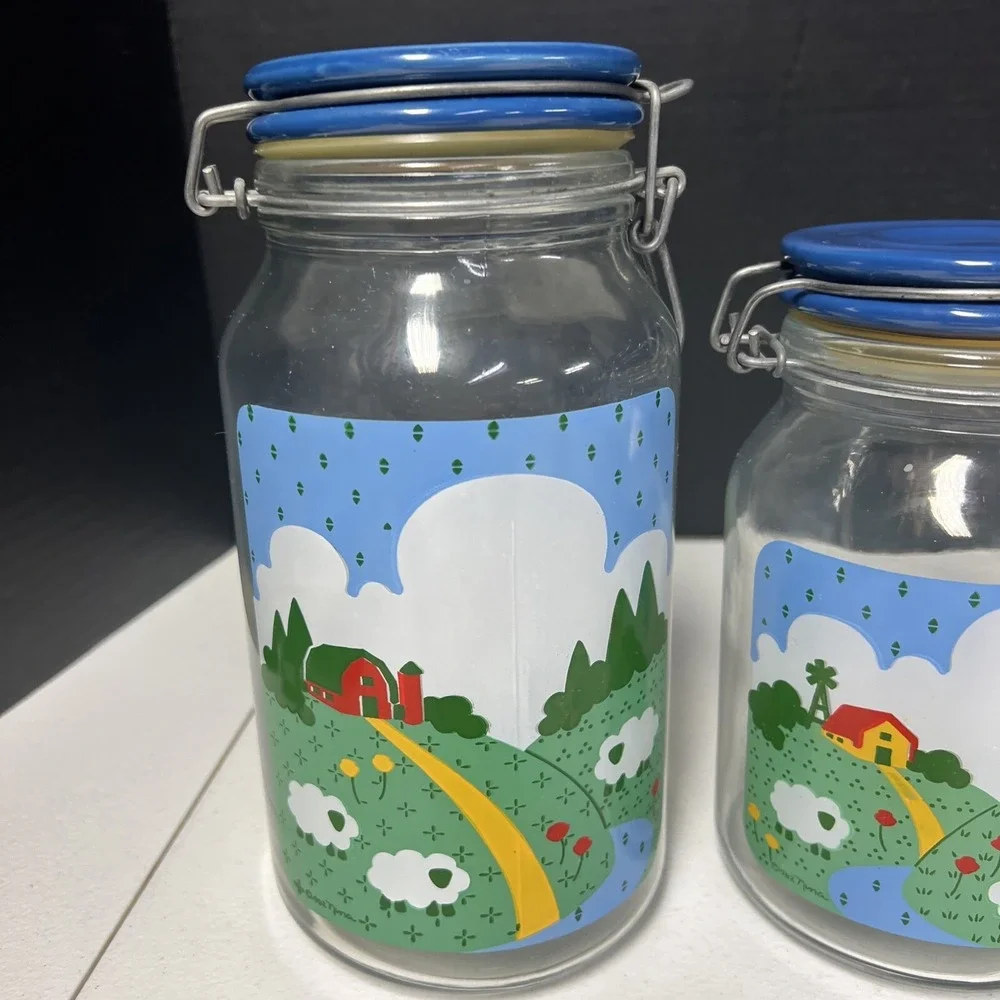 Lot Of 3 Anchor Hocking 1982 Nina Blue Country Farm Storage Jars Excellent Shape